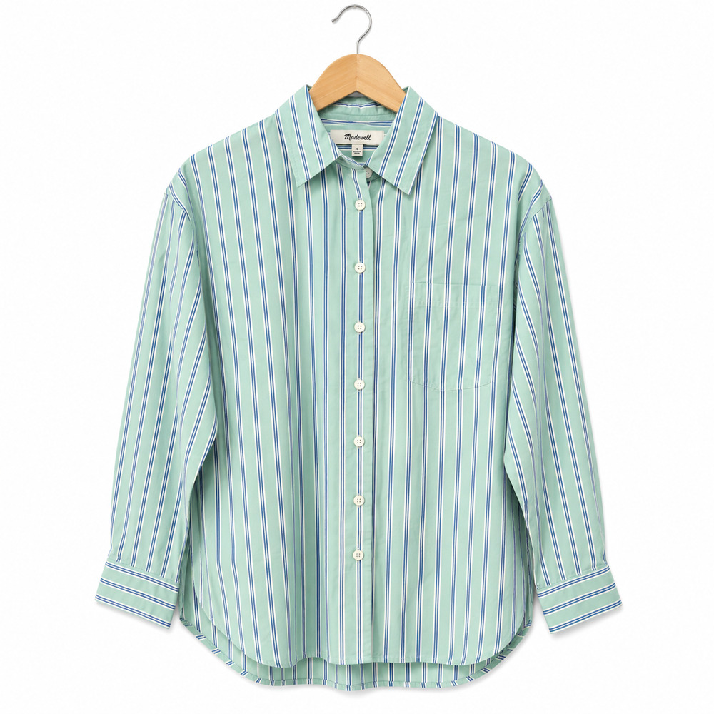 Madewell Button Up Shirt Womens M Green Blue Striped 100% Cotton Long Sleeve NWT